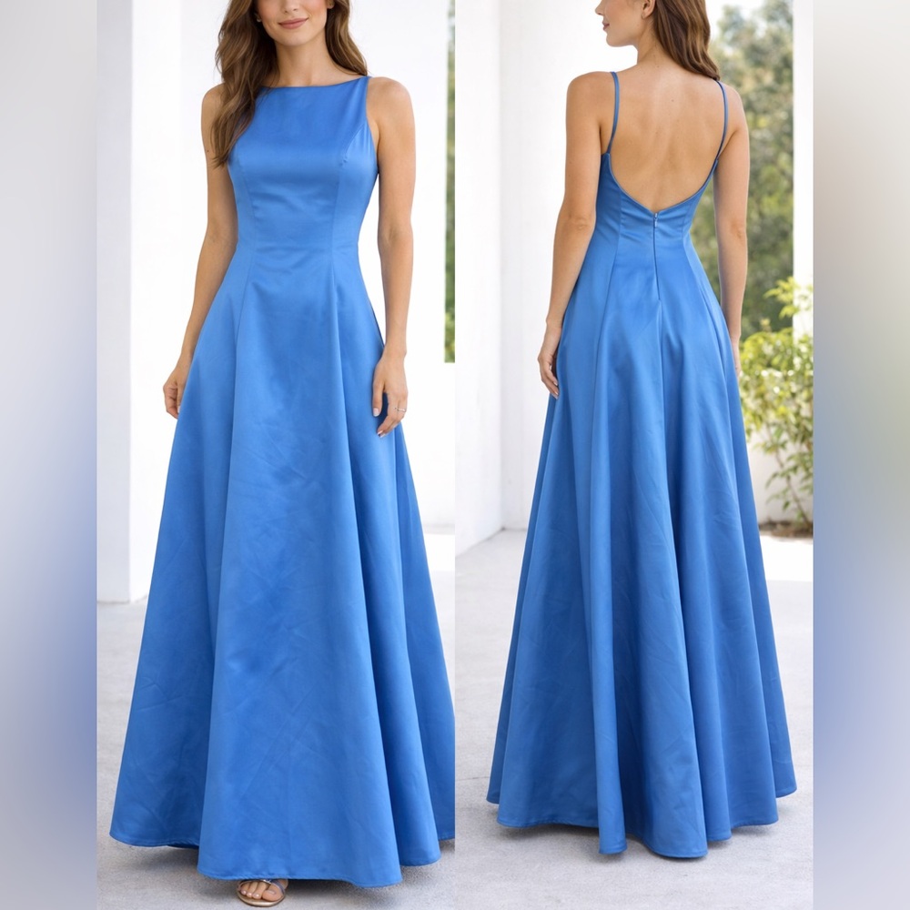 Cache Open Back Satin Gown | Size 4 | Blue | Long Formal Evening Dress